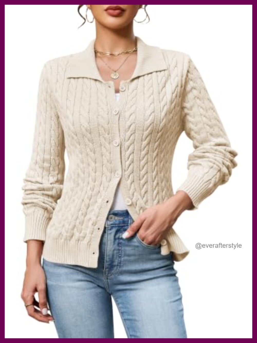 Cable Knit Button Up Cardigan Collared Sweater Lightweight Layer